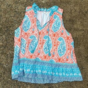 Preppy ruffle floral orange & blue paisley pattern sleeveless tank top blouse